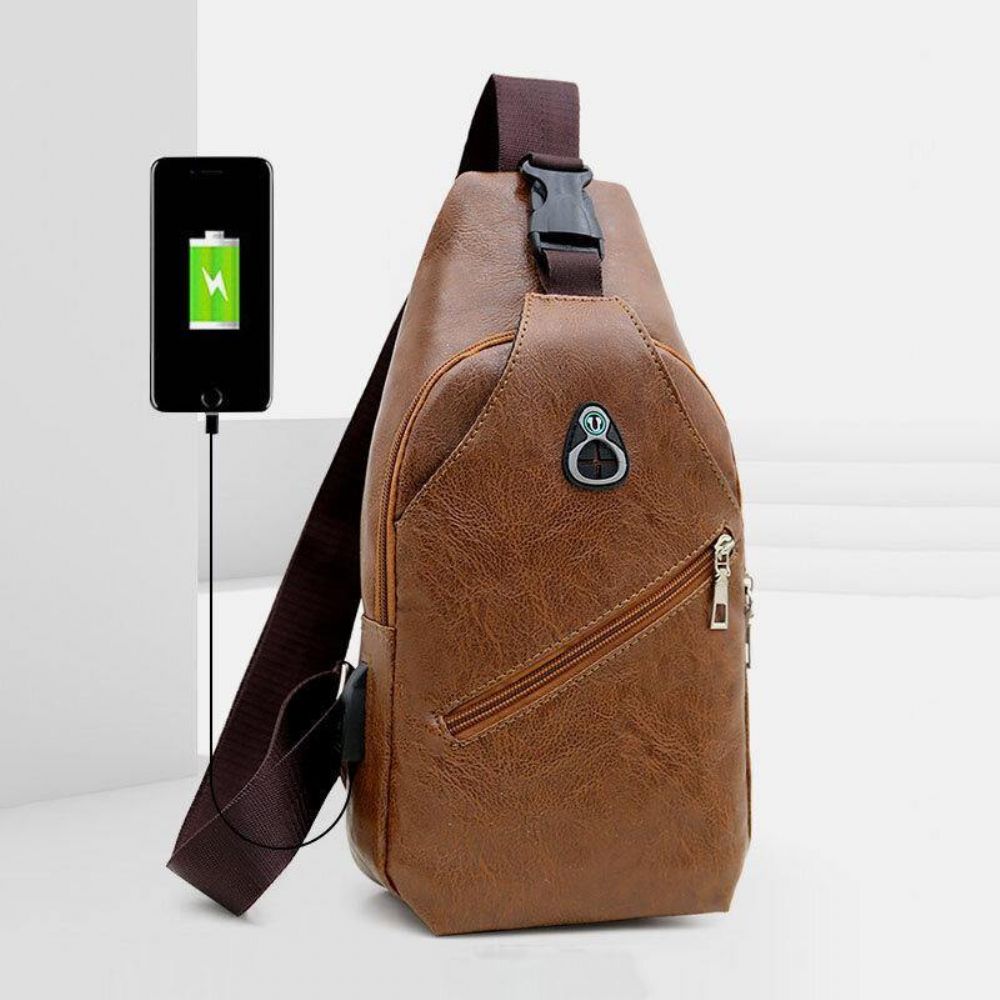 Mannen Kunstleer Usb Opladen Oortelefoon Reizen Retro Zakelijke Borsttas Crossbody Tas