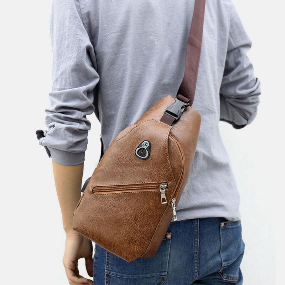 Mannen Kunstleer Usb Opladen Oortelefoon Reizen Retro Zakelijke Borsttas Crossbody Tas