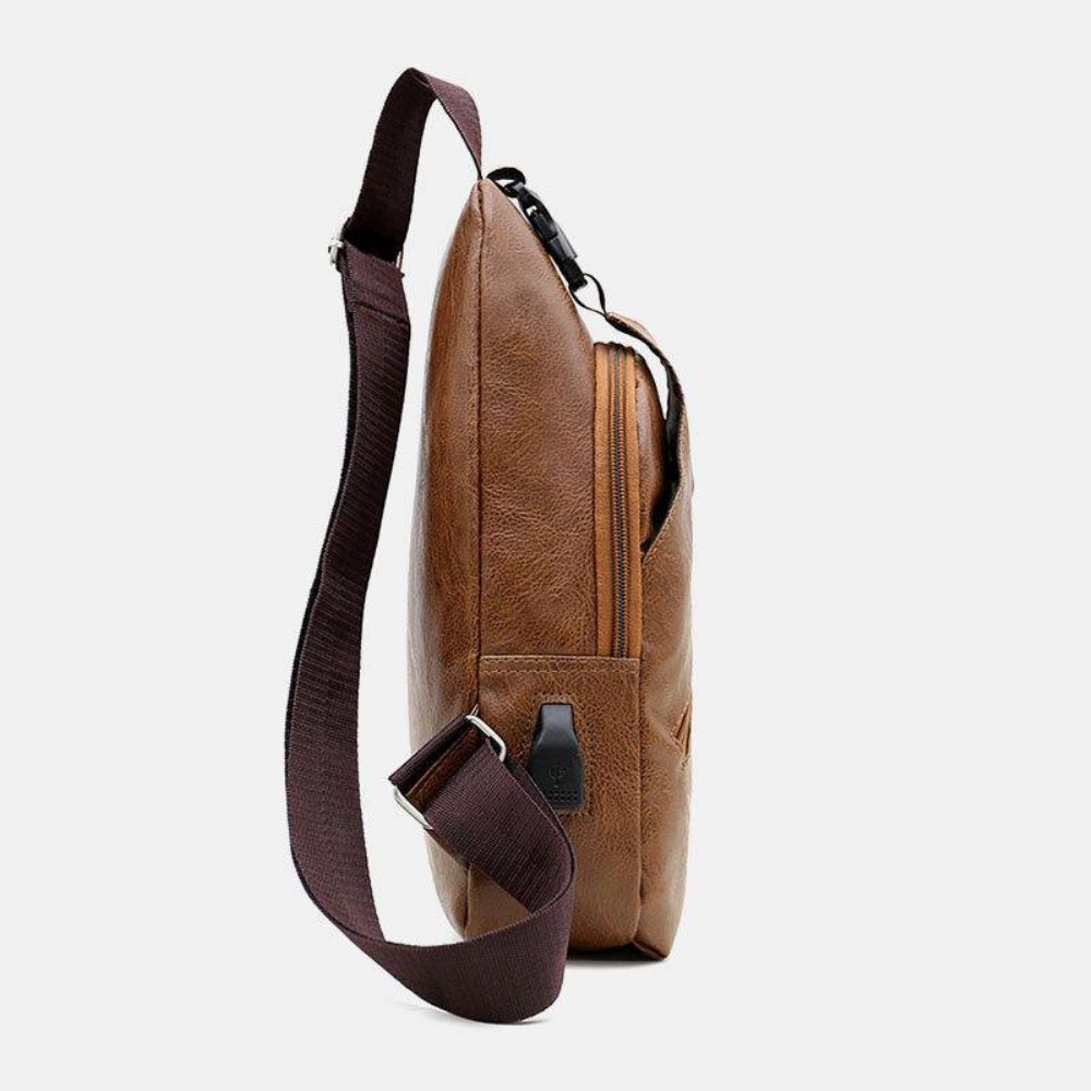 Mannen Kunstleer Usb Opladen Oortelefoon Reizen Retro Zakelijke Borsttas Crossbody Tas