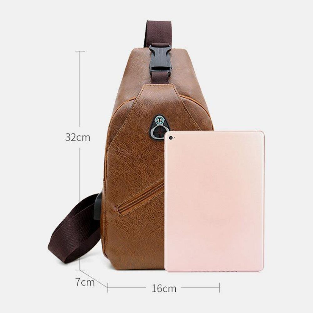 Mannen Kunstleer Usb Opladen Oortelefoon Reizen Retro Zakelijke Borsttas Crossbody Tas