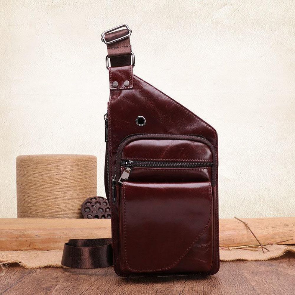 Mannen Lederen Retro Zakelijke Lederen Borsttas Crossbody Tas Met Oortelefoongat