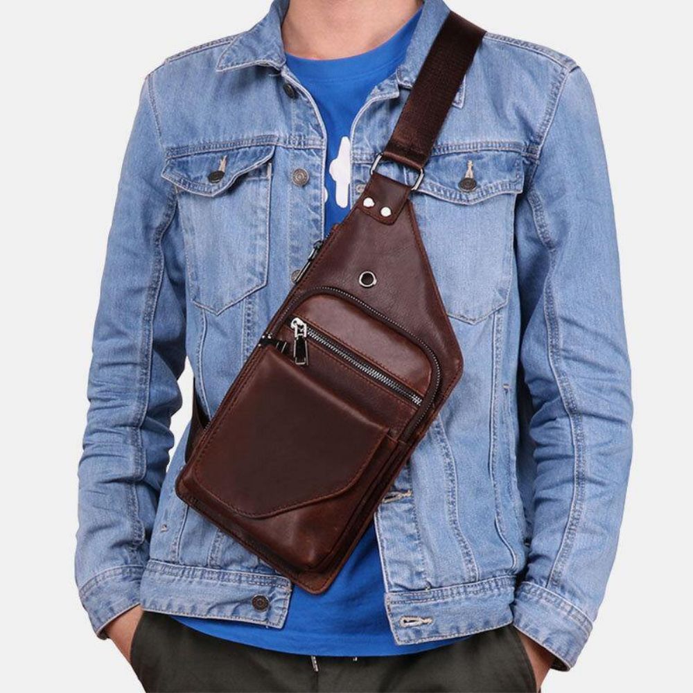 Mannen Lederen Retro Zakelijke Lederen Borsttas Crossbody Tas Met Oortelefoongat