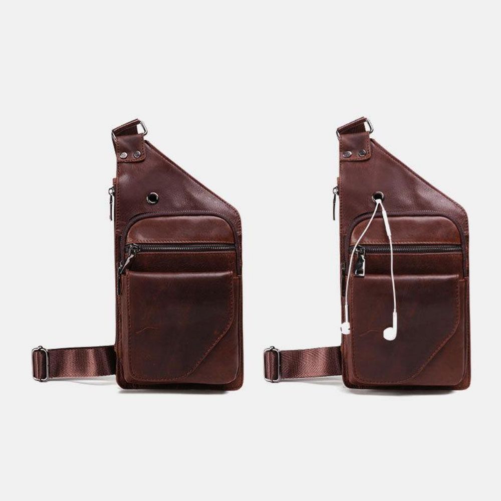 Mannen Lederen Retro Zakelijke Lederen Borsttas Crossbody Tas Met Oortelefoongat