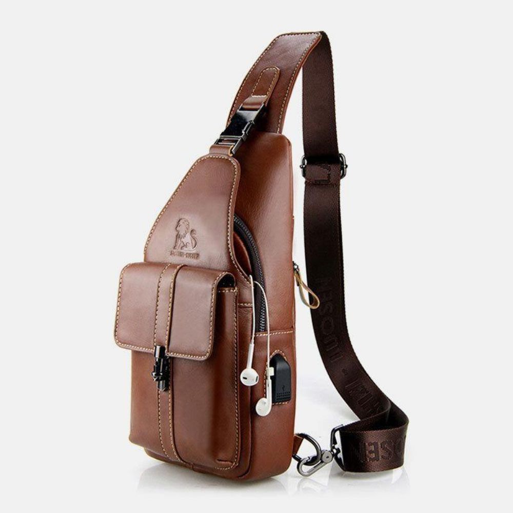 Mannen Lederen Usb Opladen Retro Casual Koeienhuid Borsttas Sling Bag Crossbody Bag