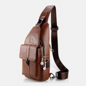 Mannen Lederen Usb Opladen Retro Casual Koeienhuid Borsttas Sling Bag Crossbody Bag