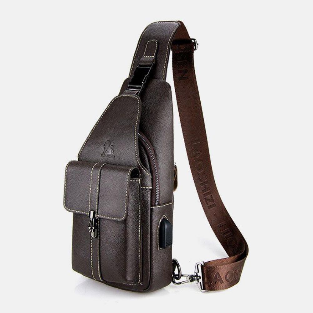 Mannen Lederen Usb Opladen Retro Casual Koeienhuid Borsttas Sling Bag Crossbody Bag