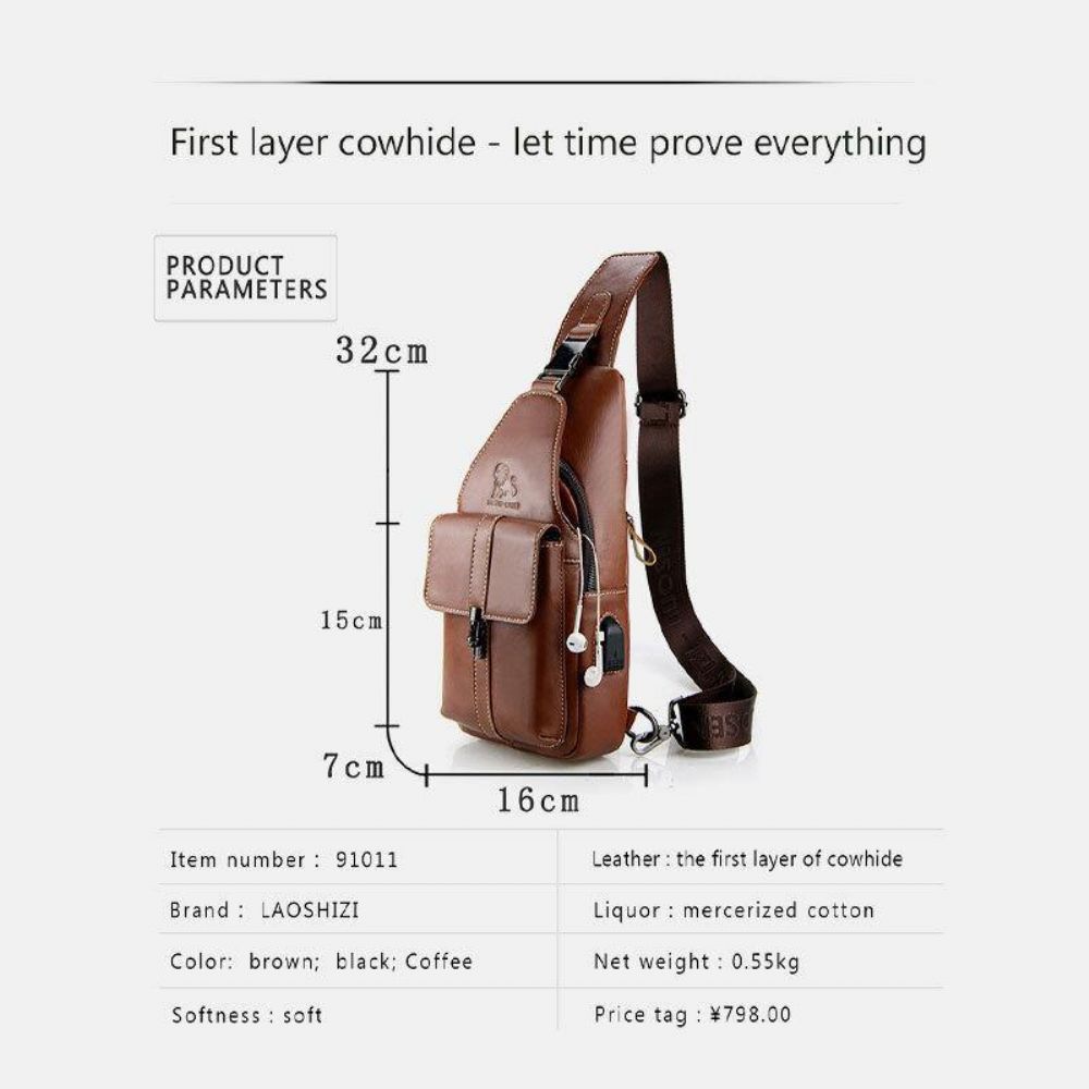 Mannen Lederen Usb Opladen Retro Casual Koeienhuid Borsttas Sling Bag Crossbody Bag