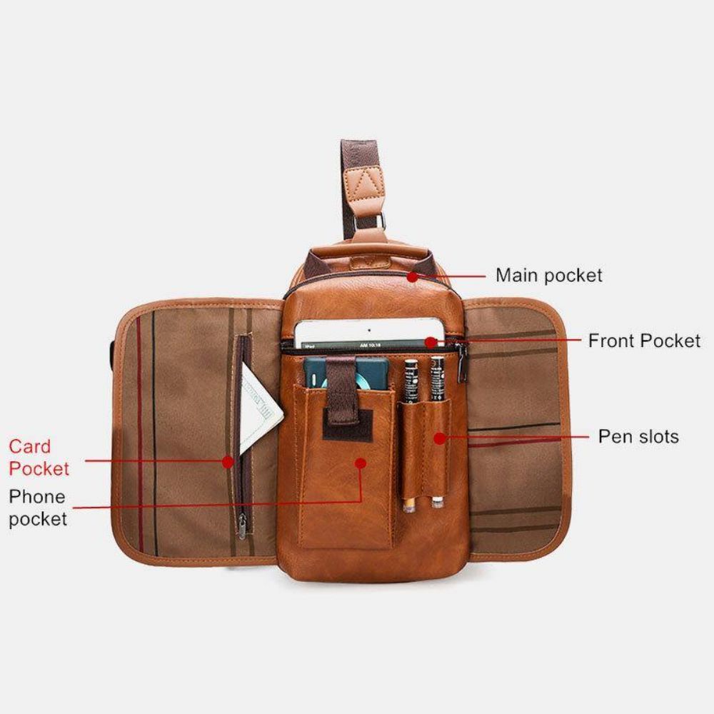 Mannen Pu-Leer Grote Capaciteit Multifunctionele Headset Gat Usb Opladen Short Trip Sling Bags Crossbody Bag Borsttas