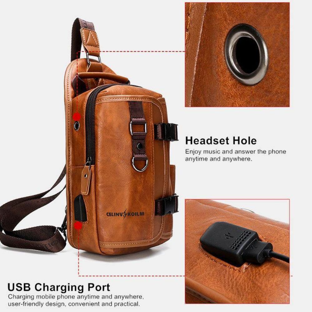 Mannen Pu-Leer Grote Capaciteit Multifunctionele Headset Gat Usb Opladen Short Trip Sling Bags Crossbody Bag Borsttas