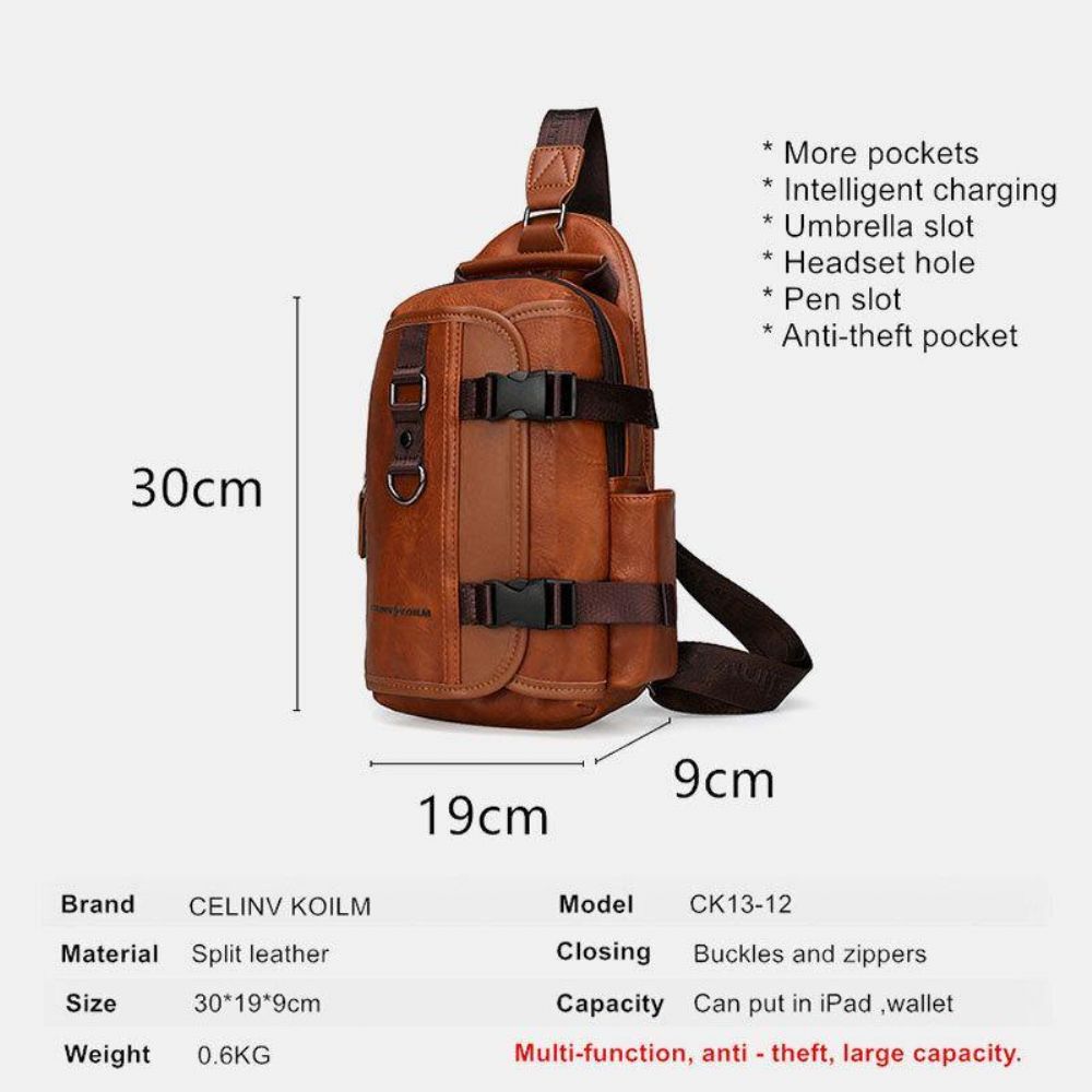 Mannen Pu-Leer Grote Capaciteit Multifunctionele Headset Gat Usb Opladen Short Trip Sling Bags Crossbody Bag Borsttas