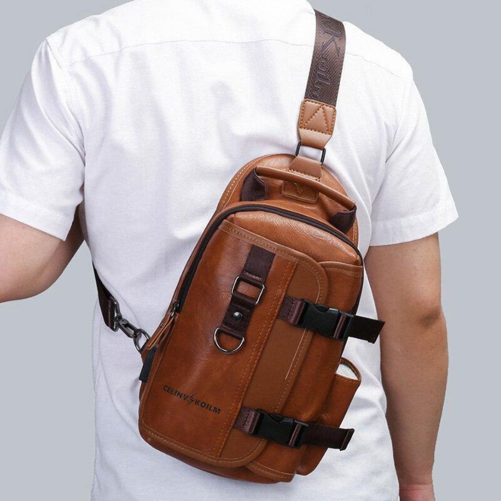 Mannen Pu-Leer Grote Capaciteit Multifunctionele Headset Gat Usb Opladen Short Trip Sling Bags Crossbody Bag Borsttas