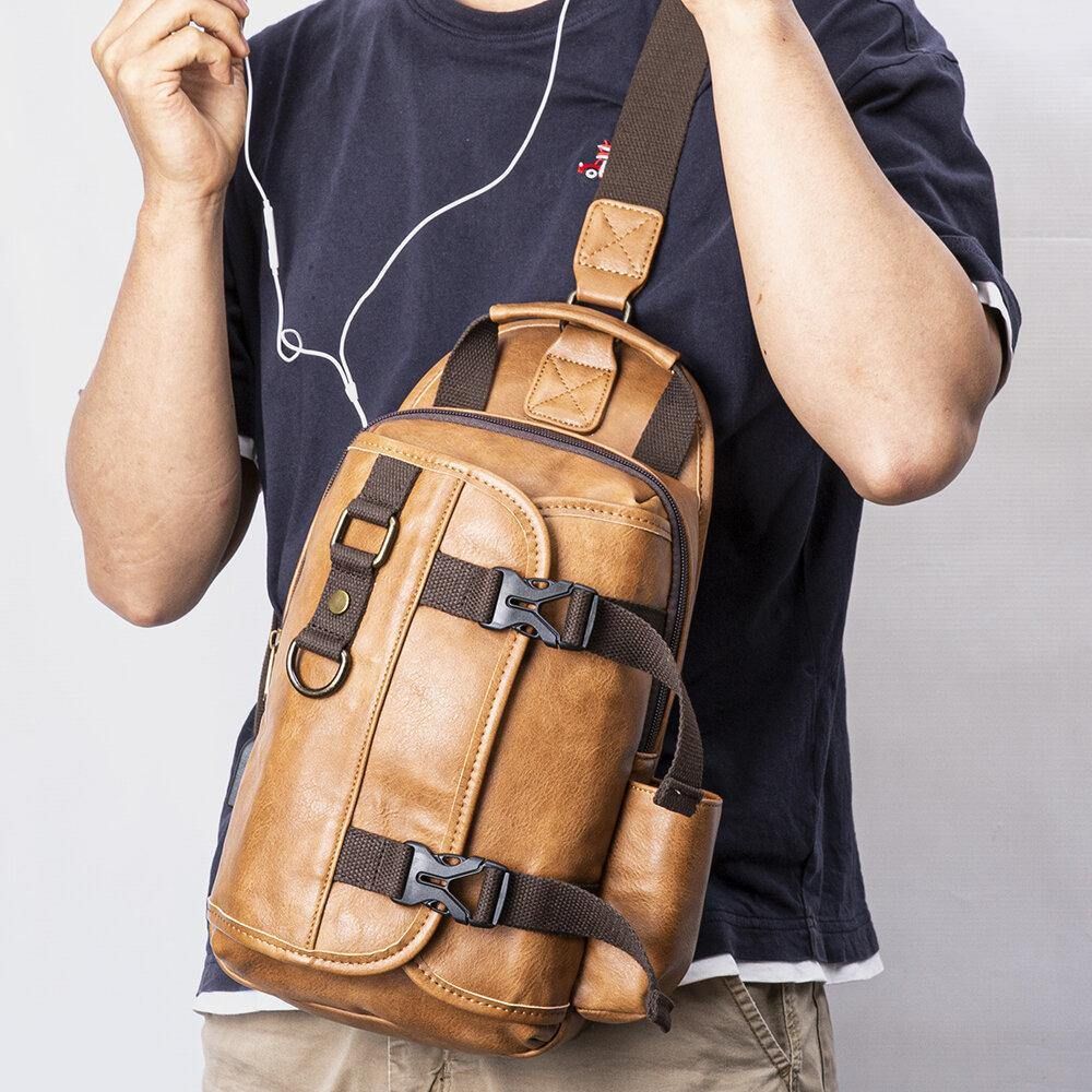 Mannen Pu-Leer Grote Capaciteit Multifunctionele Headset Gat Usb Opladen Short Trip Sling Bags Crossbody Bag Borsttas