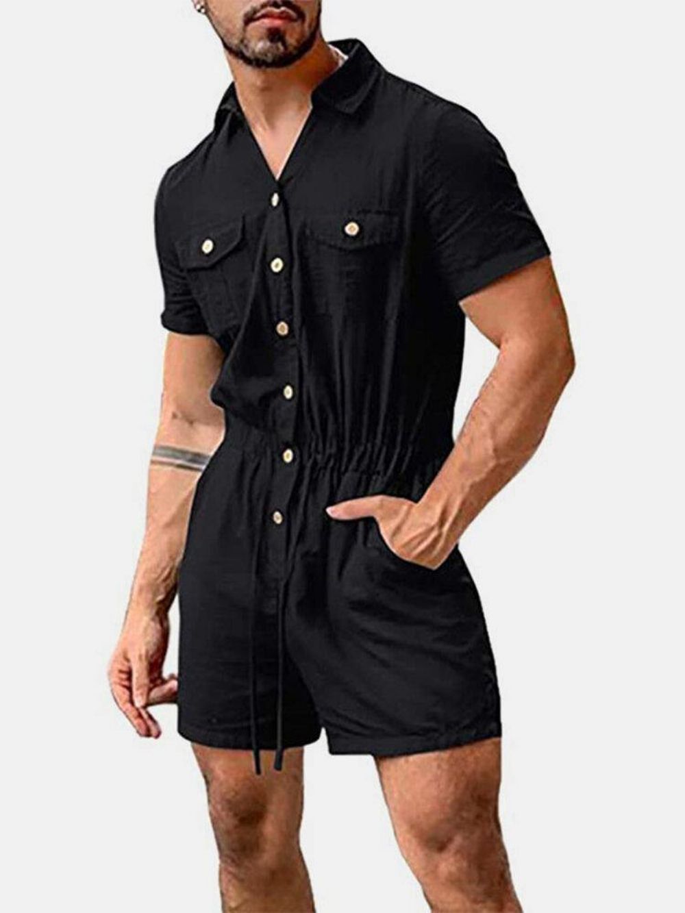 Heren Katoen Effen Kleur Meerdere Zakken Casual Korte Mouw Shorts Jumpsuits