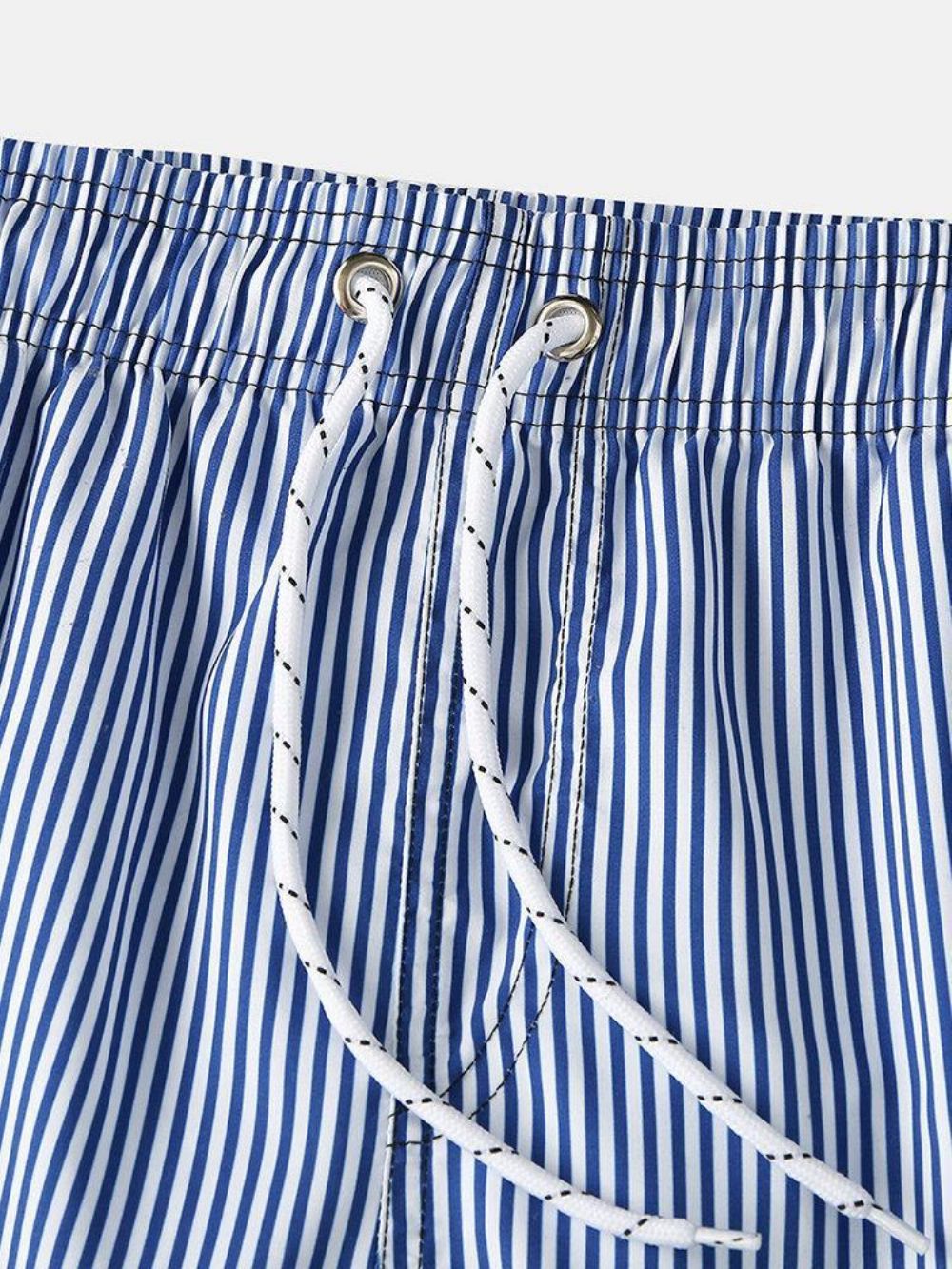 Lichtgewicht Blauw Gestreepte Sneldrogende Strandgaaslijn Casual Shorts Met Trekkoord