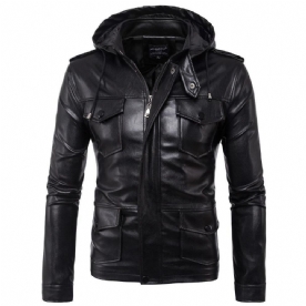 Faux Leren Jack Met Afneembare Capuchon Heren Pu-Bikerjack