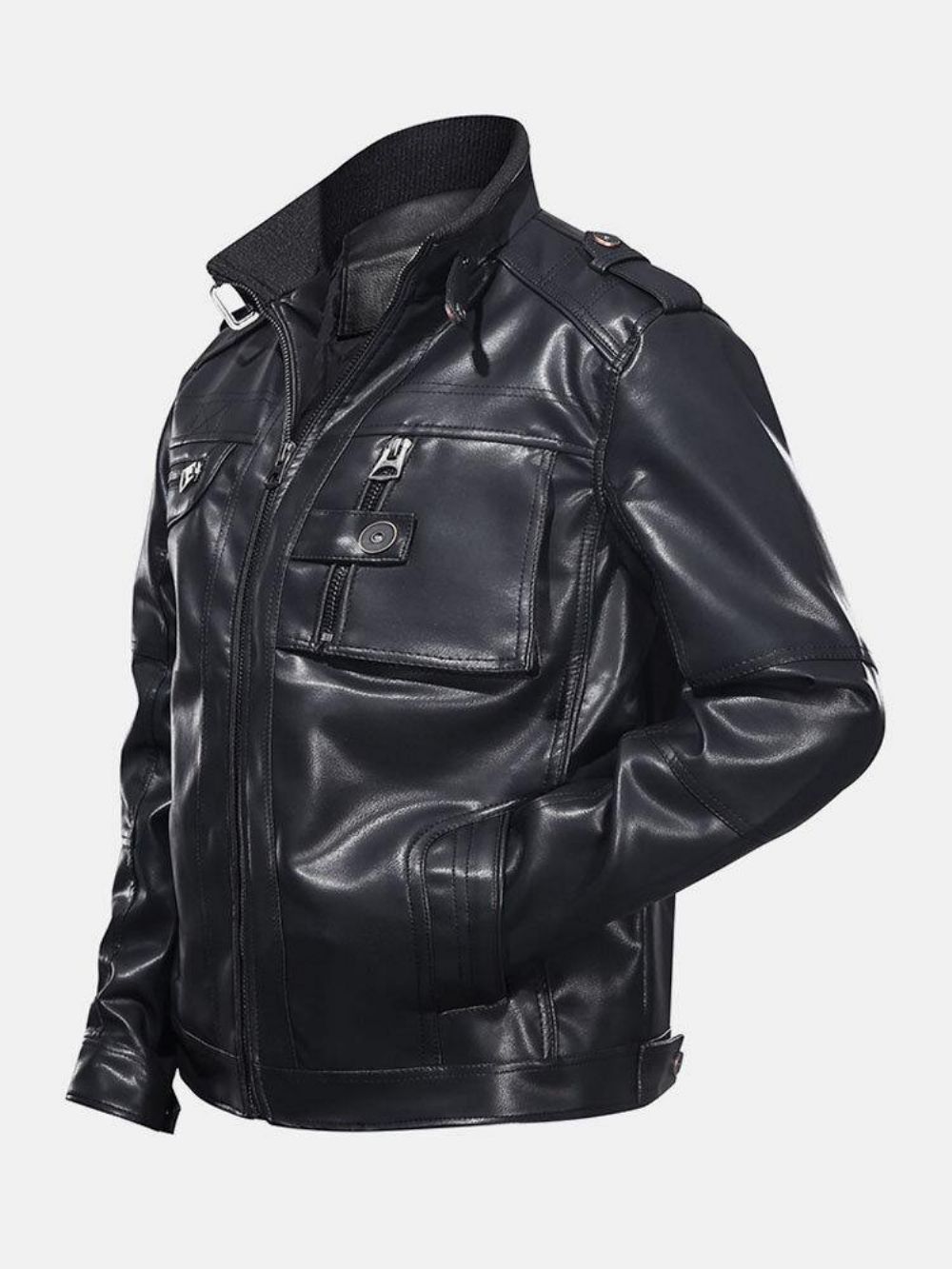 Heren Pocket Zip-Up Pu Leer Zwart Lange Mouwen Motorjack