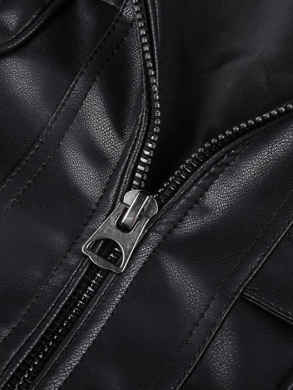 Heren Pocket Zip-Up Pu Leer Zwart Lange Mouwen Motorjack