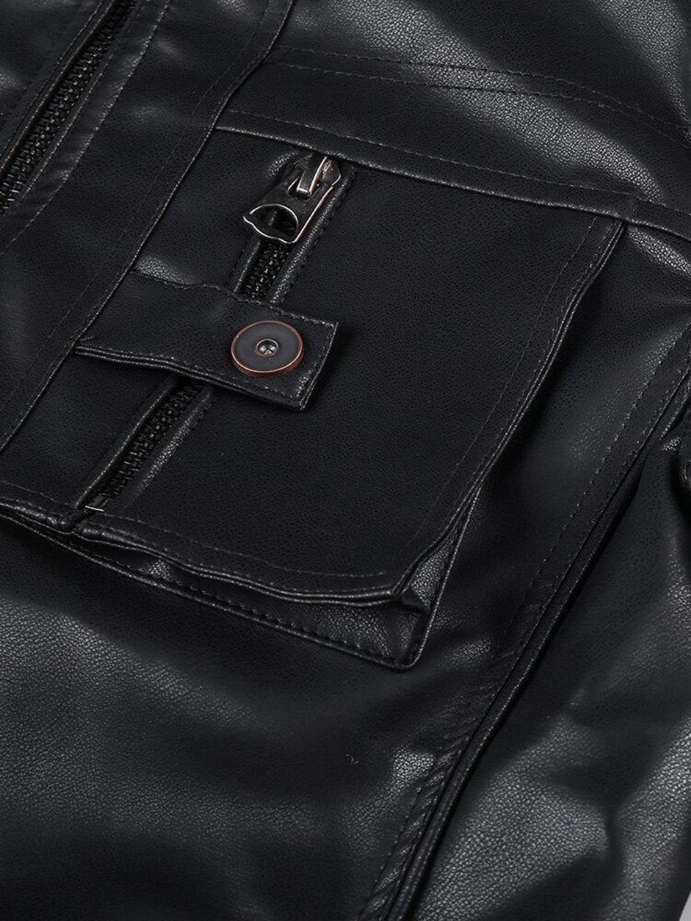 Heren Pocket Zip-Up Pu Leer Zwart Lange Mouwen Motorjack