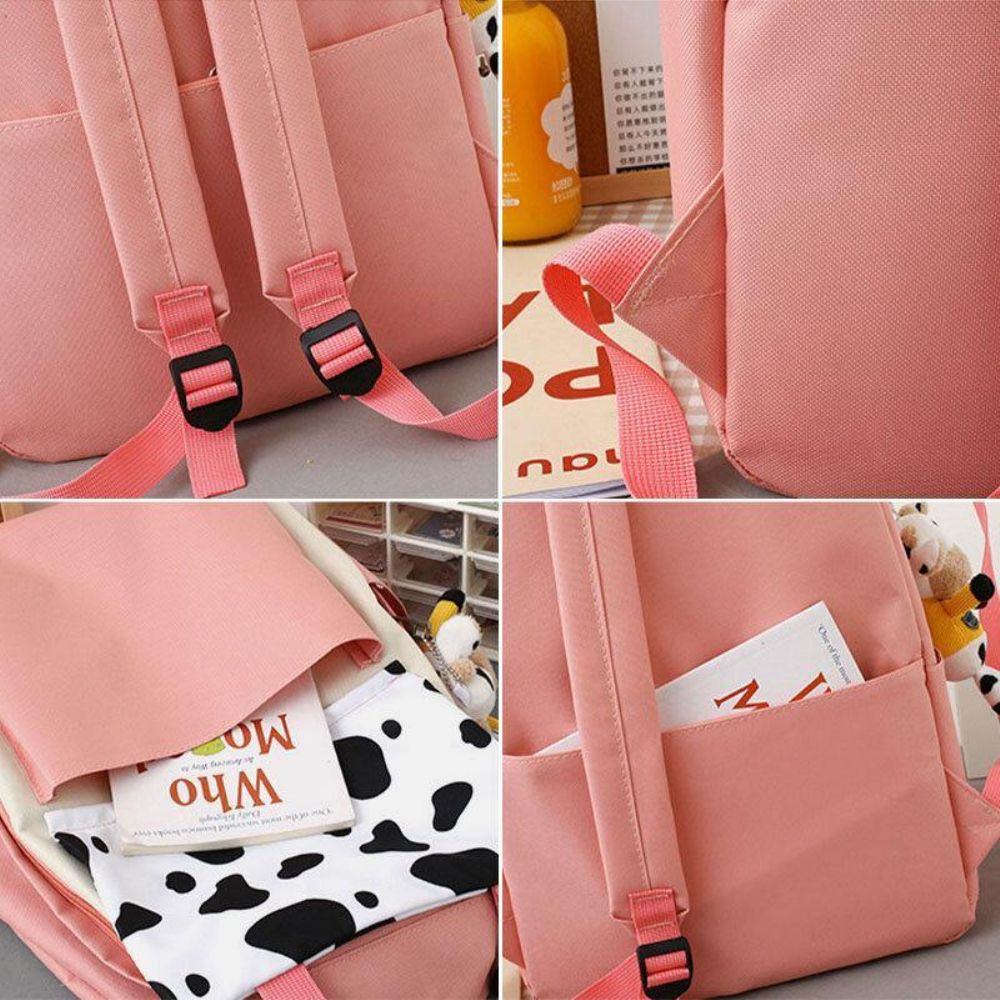 5 Pcs Canvas Preppy Koe Patroon Multifunctionele Combinatie Tas Rugzak Tote Crossbody Tas Clutch Portemonnee