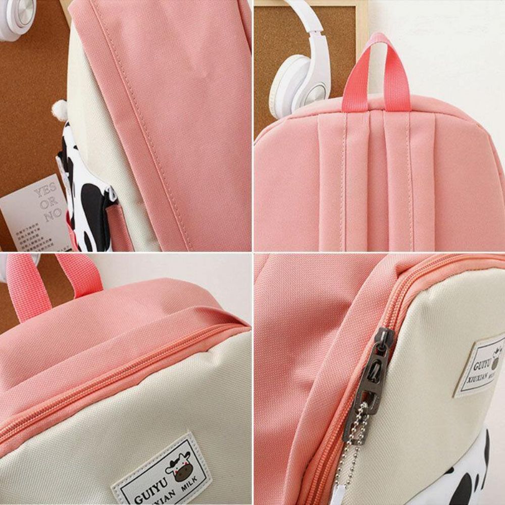 5 Pcs Canvas Preppy Koe Patroon Multifunctionele Combinatie Tas Rugzak Tote Crossbody Tas Clutch Portemonnee