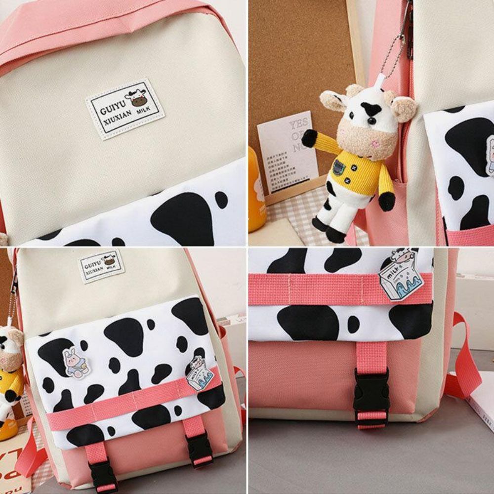 5 Pcs Canvas Preppy Koe Patroon Multifunctionele Combinatie Tas Rugzak Tote Crossbody Tas Clutch Portemonnee