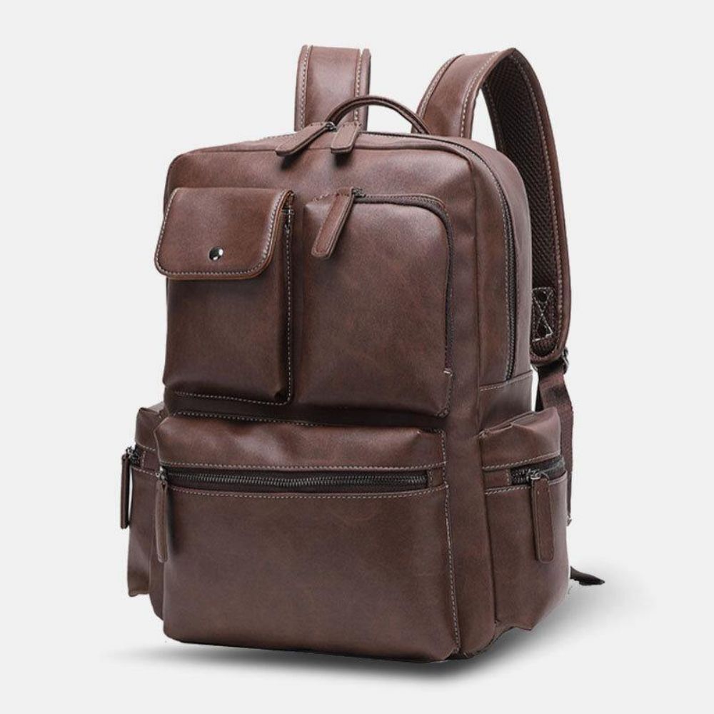 Heren Pu Lederen Multi-Pocket Ademende Rugzak Retro Grote Capaciteit 14 Inch Laptoptas