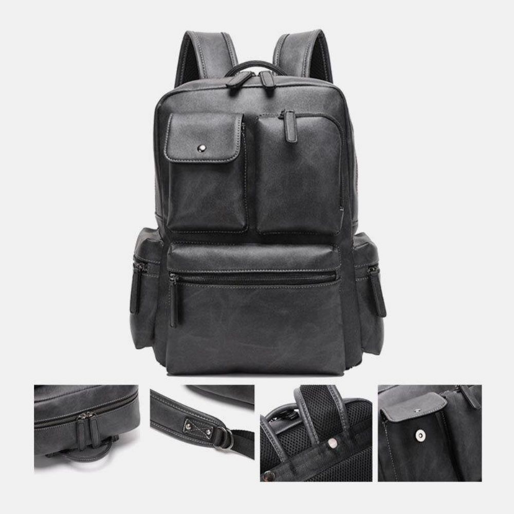 Heren Pu Lederen Multi-Pocket Ademende Rugzak Retro Grote Capaciteit 14 Inch Laptoptas