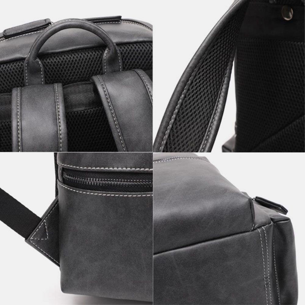 Heren Pu Lederen Multi-Pocket Ademende Rugzak Retro Grote Capaciteit 14 Inch Laptoptas