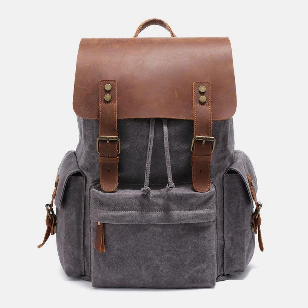 Mannen Canvas Lederen Koeienhuid Retro Grote Capaciteit 14 Inch Laptoptas Waterdichte Rugzak