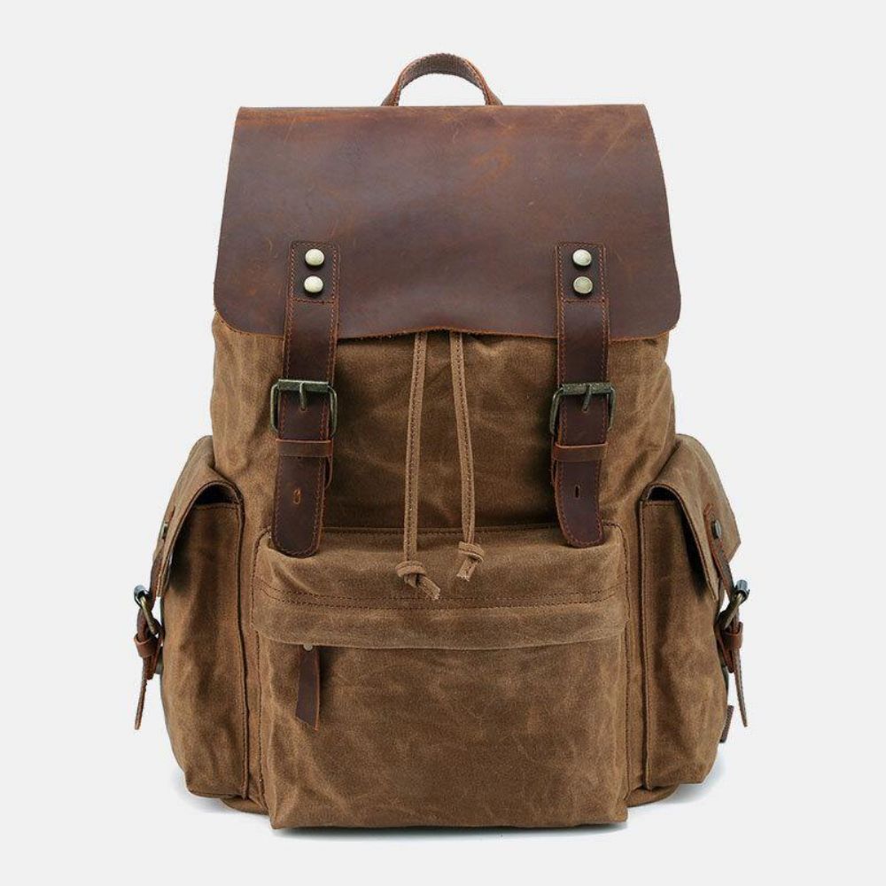 Mannen Canvas Lederen Koeienhuid Retro Grote Capaciteit 14 Inch Laptoptas Waterdichte Rugzak