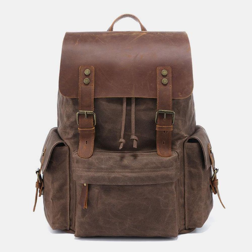 Mannen Canvas Lederen Koeienhuid Retro Grote Capaciteit 14 Inch Laptoptas Waterdichte Rugzak