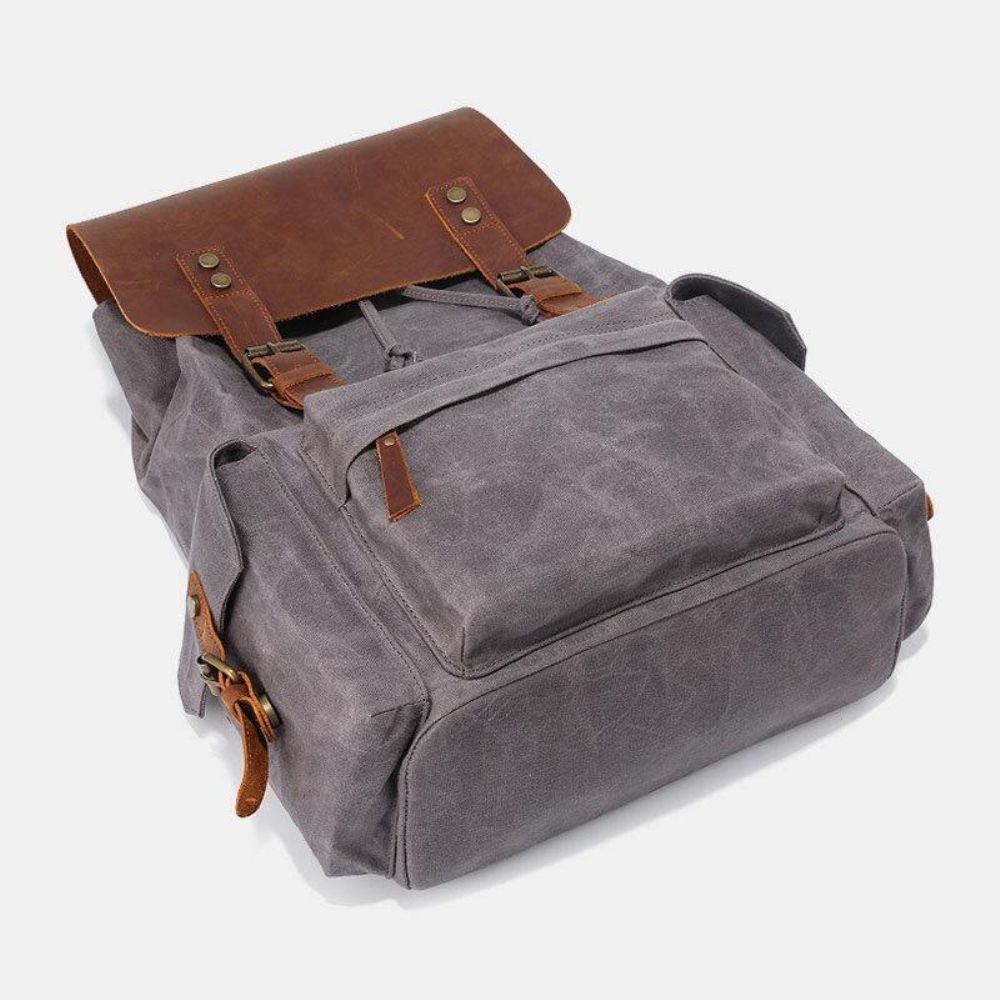 Mannen Canvas Lederen Koeienhuid Retro Grote Capaciteit 14 Inch Laptoptas Waterdichte Rugzak