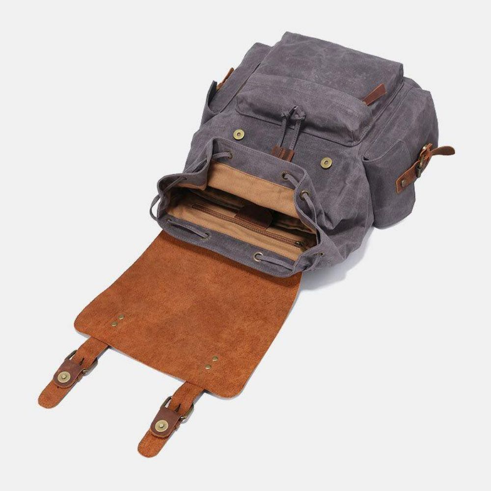 Mannen Canvas Lederen Koeienhuid Retro Grote Capaciteit 14 Inch Laptoptas Waterdichte Rugzak