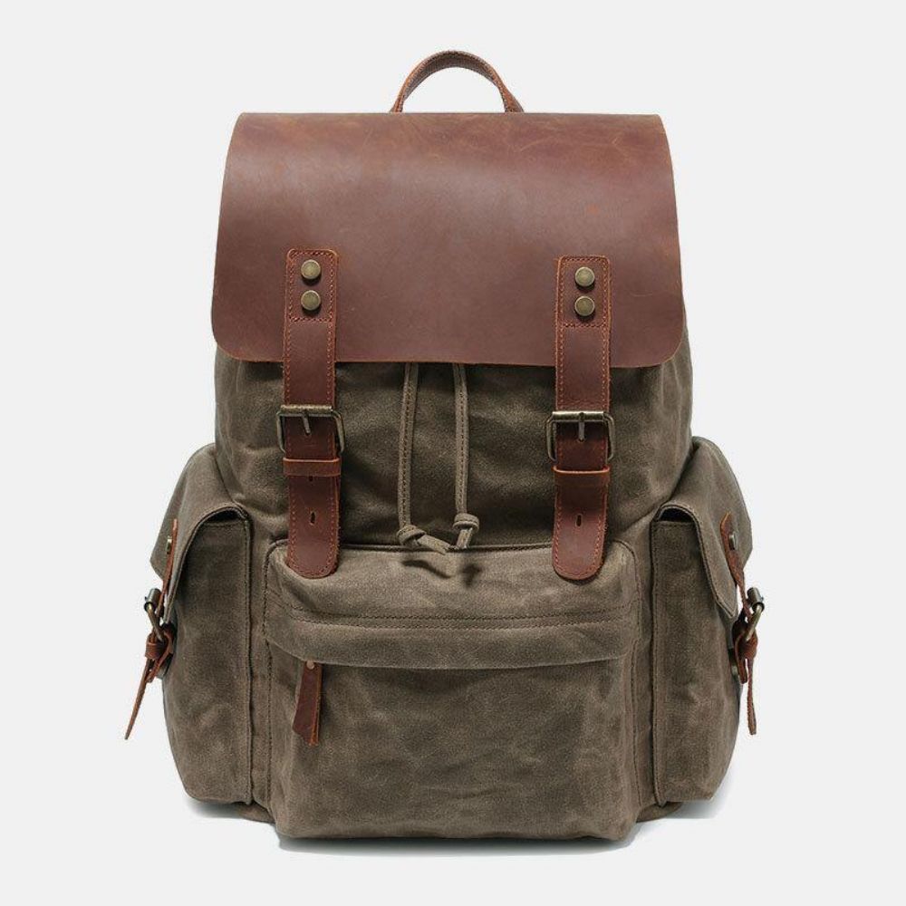 Mannen Canvas Lederen Koeienhuid Retro Grote Capaciteit 14 Inch Laptoptas Waterdichte Rugzak