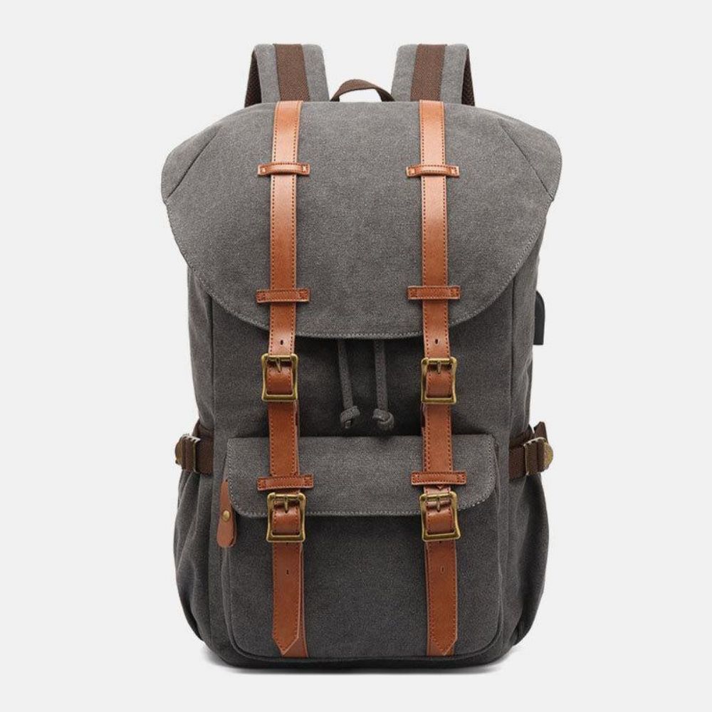 Mannen Echt Leer Canvas Usb Opladen Retro Travel Outdoor Grote Capaciteit Rugzak