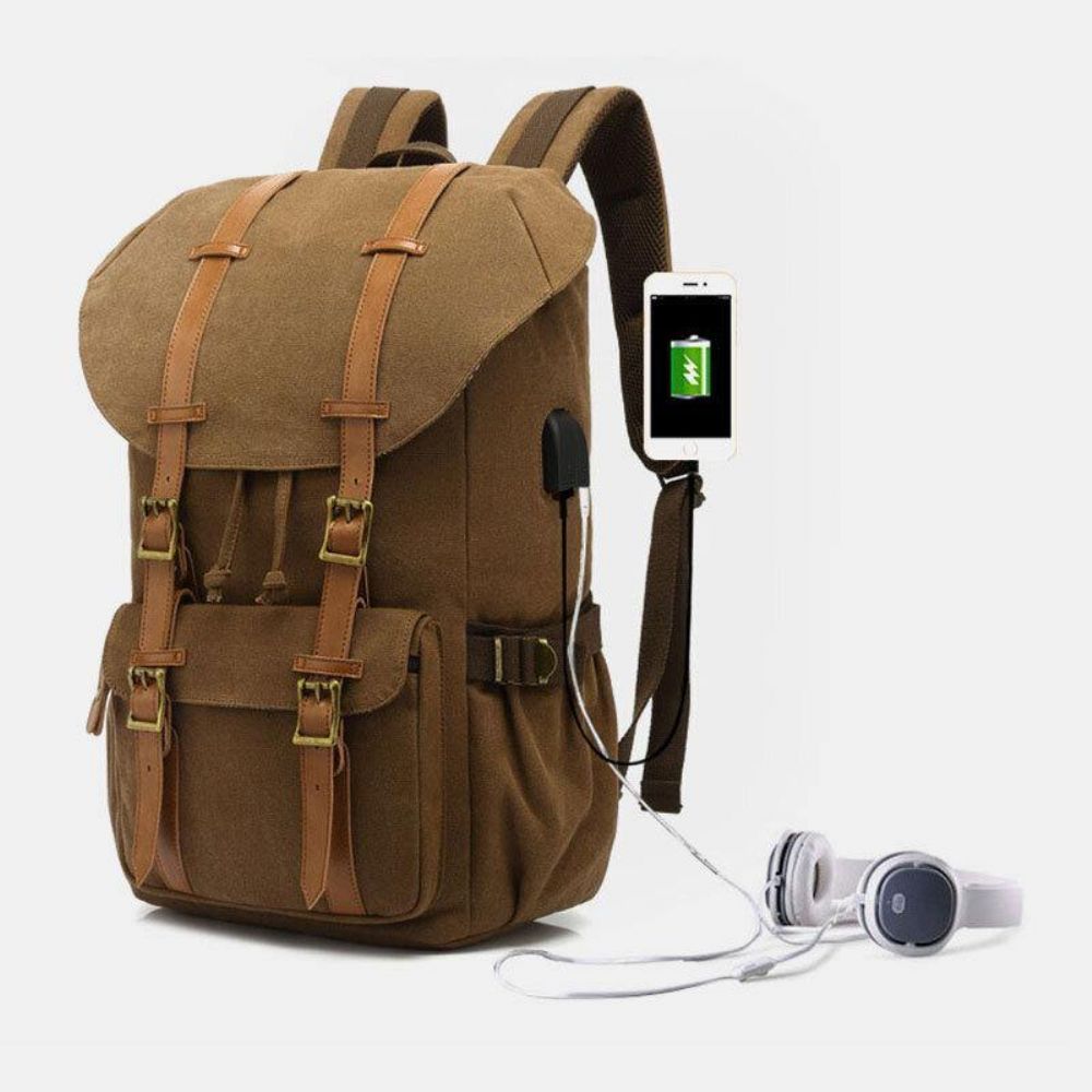 Mannen Echt Leer Canvas Usb Opladen Retro Travel Outdoor Grote Capaciteit Rugzak