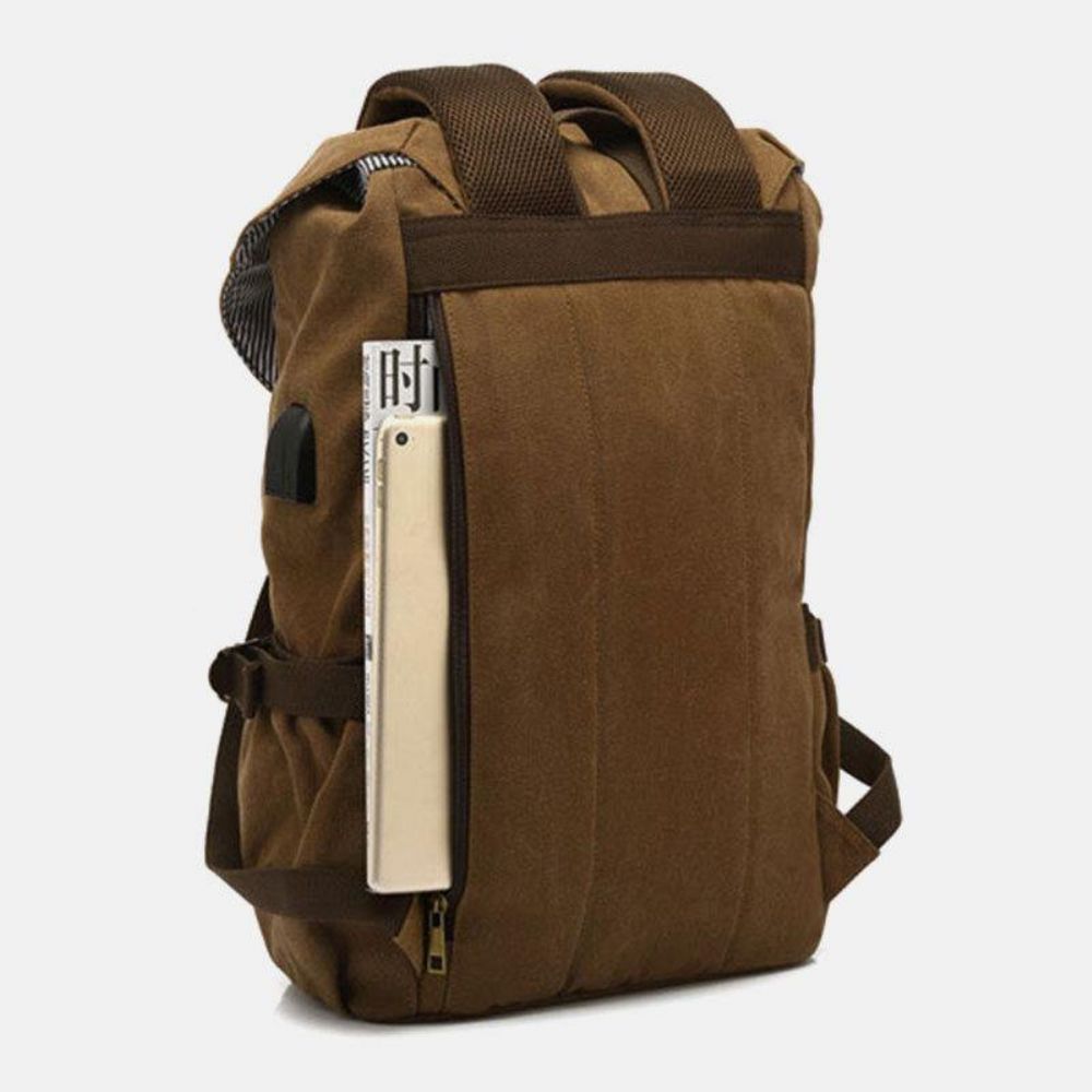 Mannen Echt Leer Canvas Usb Opladen Retro Travel Outdoor Grote Capaciteit Rugzak