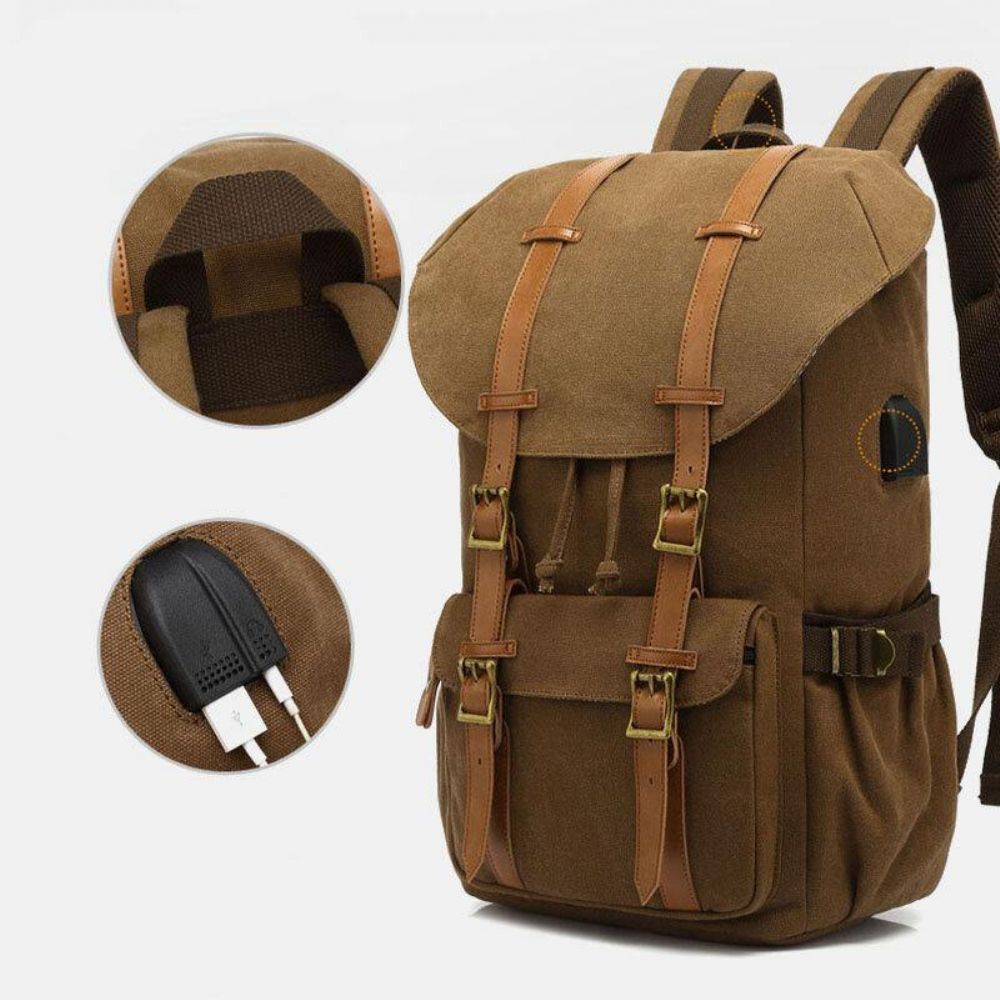 Mannen Echt Leer Canvas Usb Opladen Retro Travel Outdoor Grote Capaciteit Rugzak