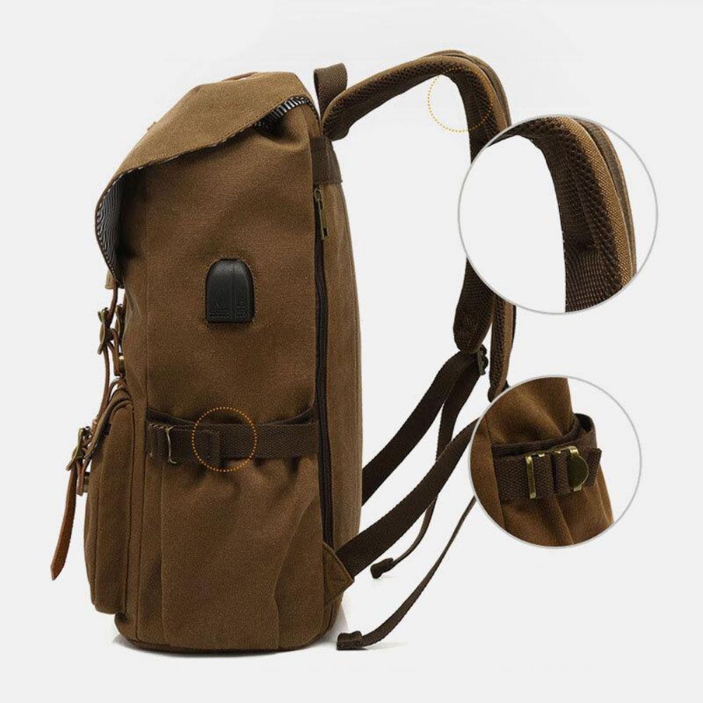 Mannen Echt Leer Canvas Usb Opladen Retro Travel Outdoor Grote Capaciteit Rugzak