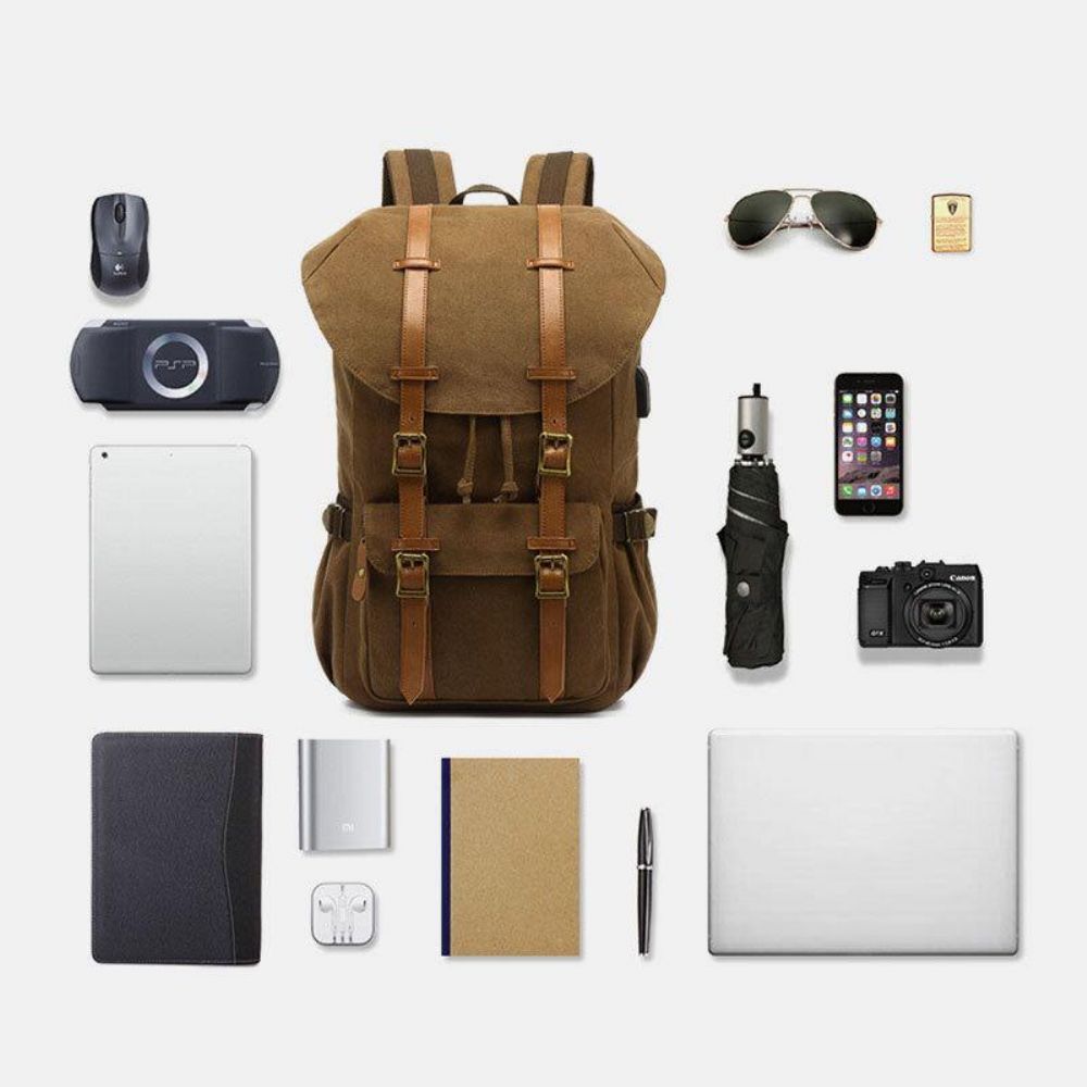 Mannen Echt Leer Canvas Usb Opladen Retro Travel Outdoor Grote Capaciteit Rugzak