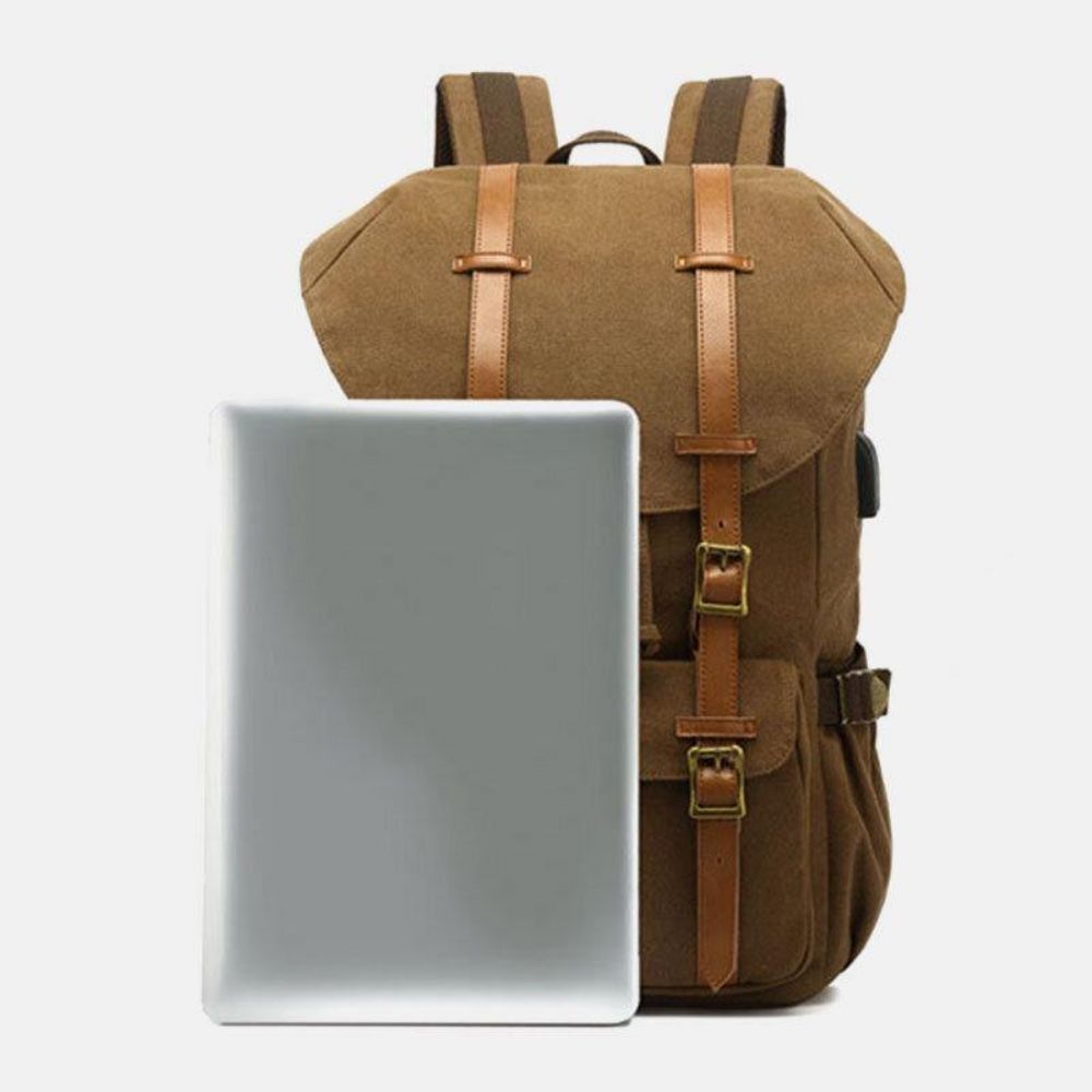 Mannen Echt Leer Canvas Usb Opladen Retro Travel Outdoor Grote Capaciteit Rugzak