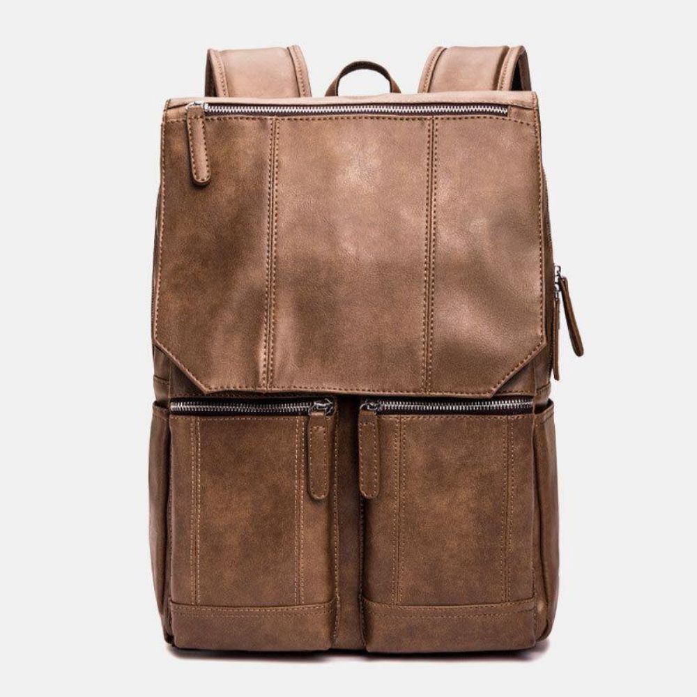 Mannen Pu Leer Retro Zakelijke Casual Stijl Grote Capaciteit 14 Inch Laptoptas Student Schooltas Reisrugzak