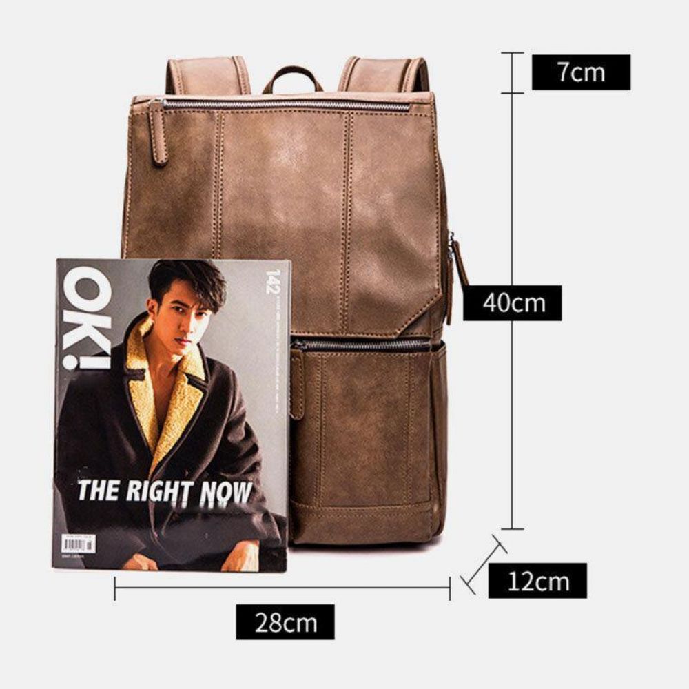 Mannen Pu Leer Retro Zakelijke Casual Stijl Grote Capaciteit 14 Inch Laptoptas Student Schooltas Reisrugzak