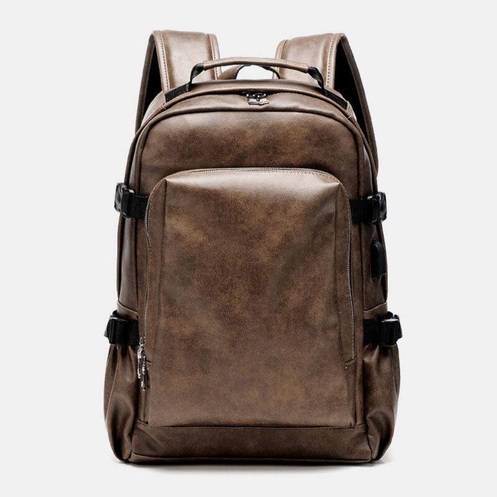 Mannen Pu Leer Usb Opladen Zakelijk Casual Waterdichte 14 Inch Laptoptas Student Schooltas Verstelbare Rugzak