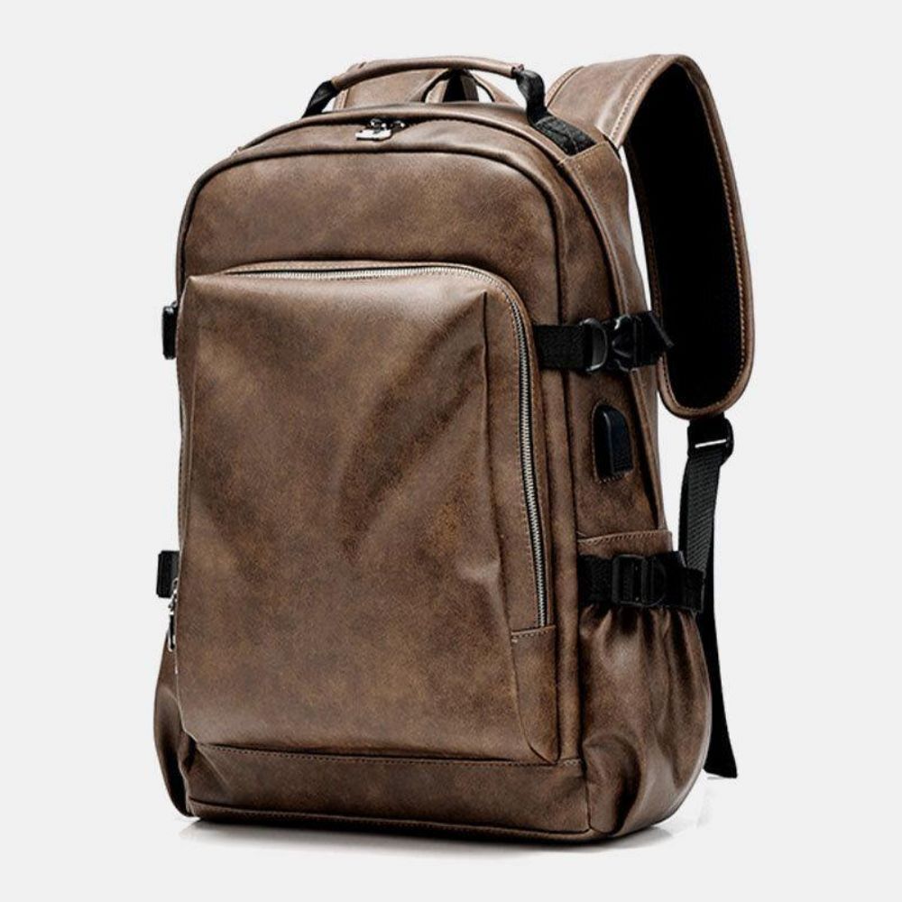 Mannen Pu Leer Usb Opladen Zakelijk Casual Waterdichte 14 Inch Laptoptas Student Schooltas Verstelbare Rugzak