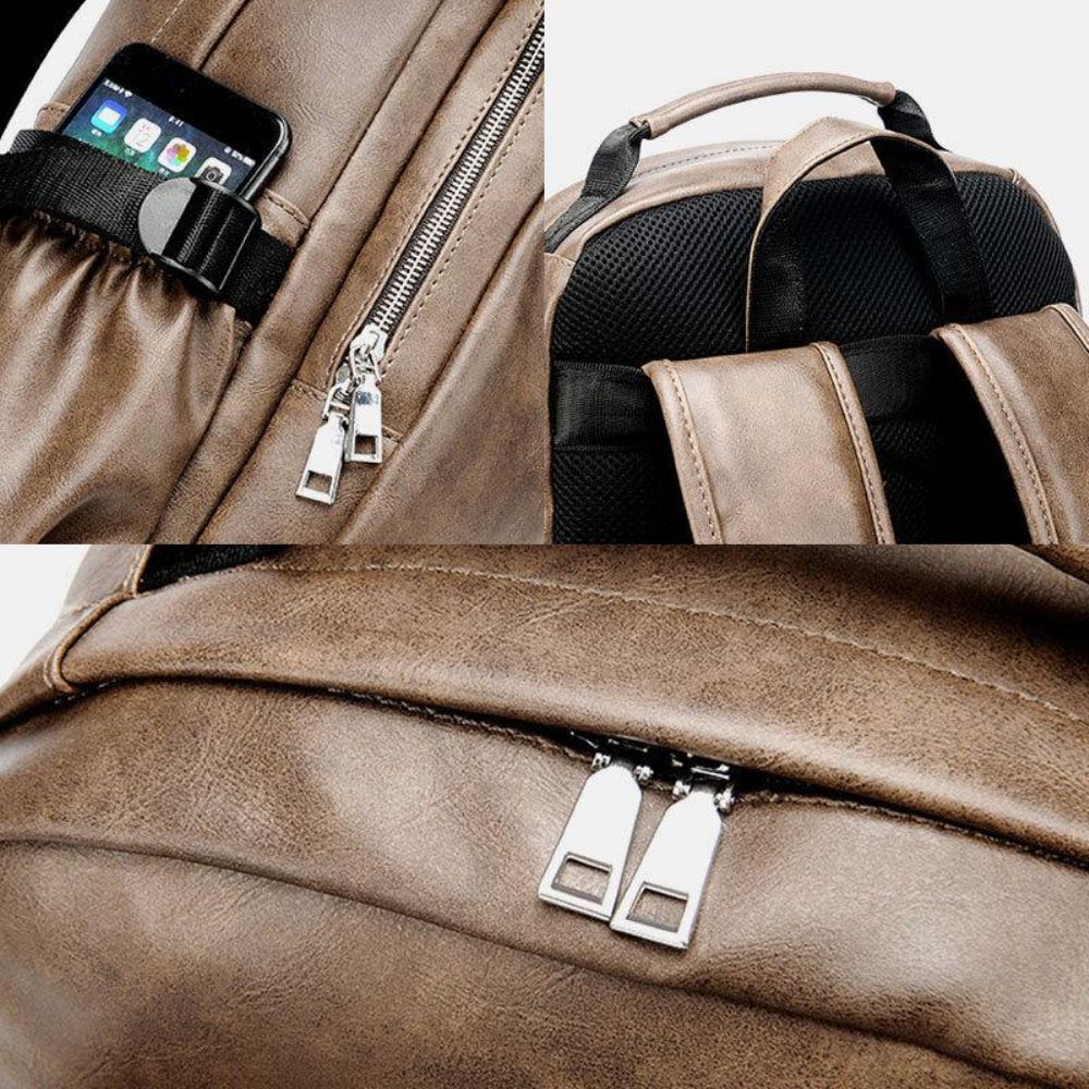 Mannen Pu Leer Usb Opladen Zakelijk Casual Waterdichte 14 Inch Laptoptas Student Schooltas Verstelbare Rugzak