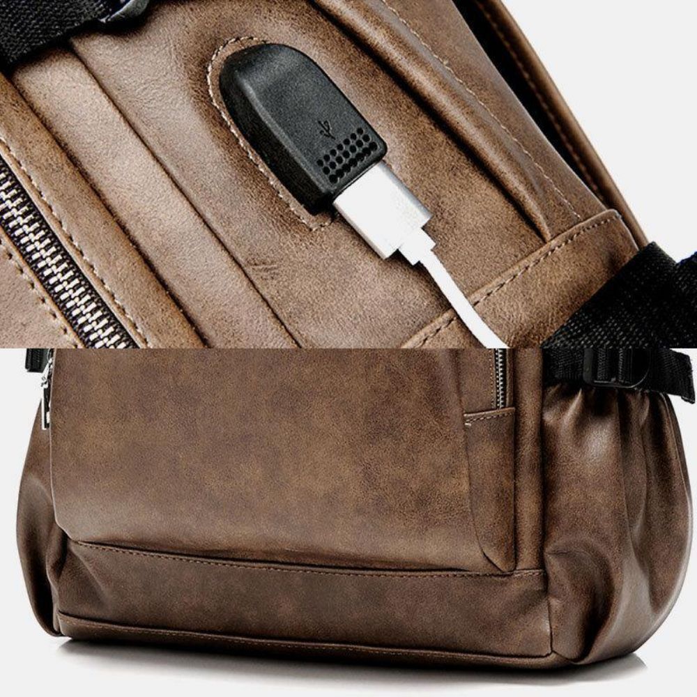 Mannen Pu Leer Usb Opladen Zakelijk Casual Waterdichte 14 Inch Laptoptas Student Schooltas Verstelbare Rugzak