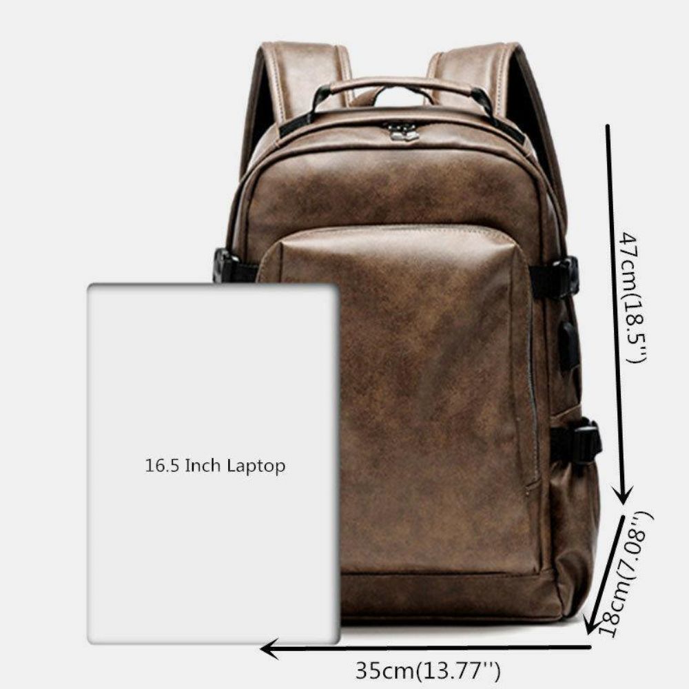 Mannen Pu Leer Usb Opladen Zakelijk Casual Waterdichte 14 Inch Laptoptas Student Schooltas Verstelbare Rugzak