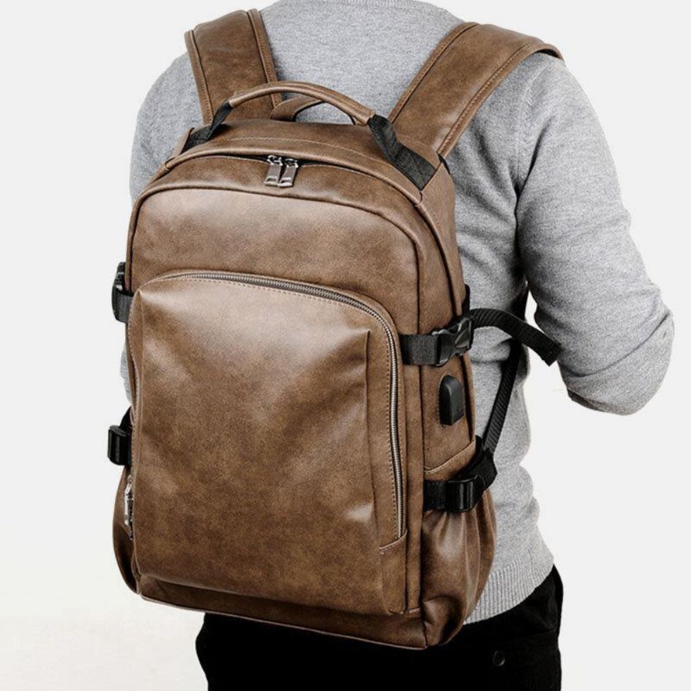 Mannen Pu Leer Usb Opladen Zakelijk Casual Waterdichte 14 Inch Laptoptas Student Schooltas Verstelbare Rugzak