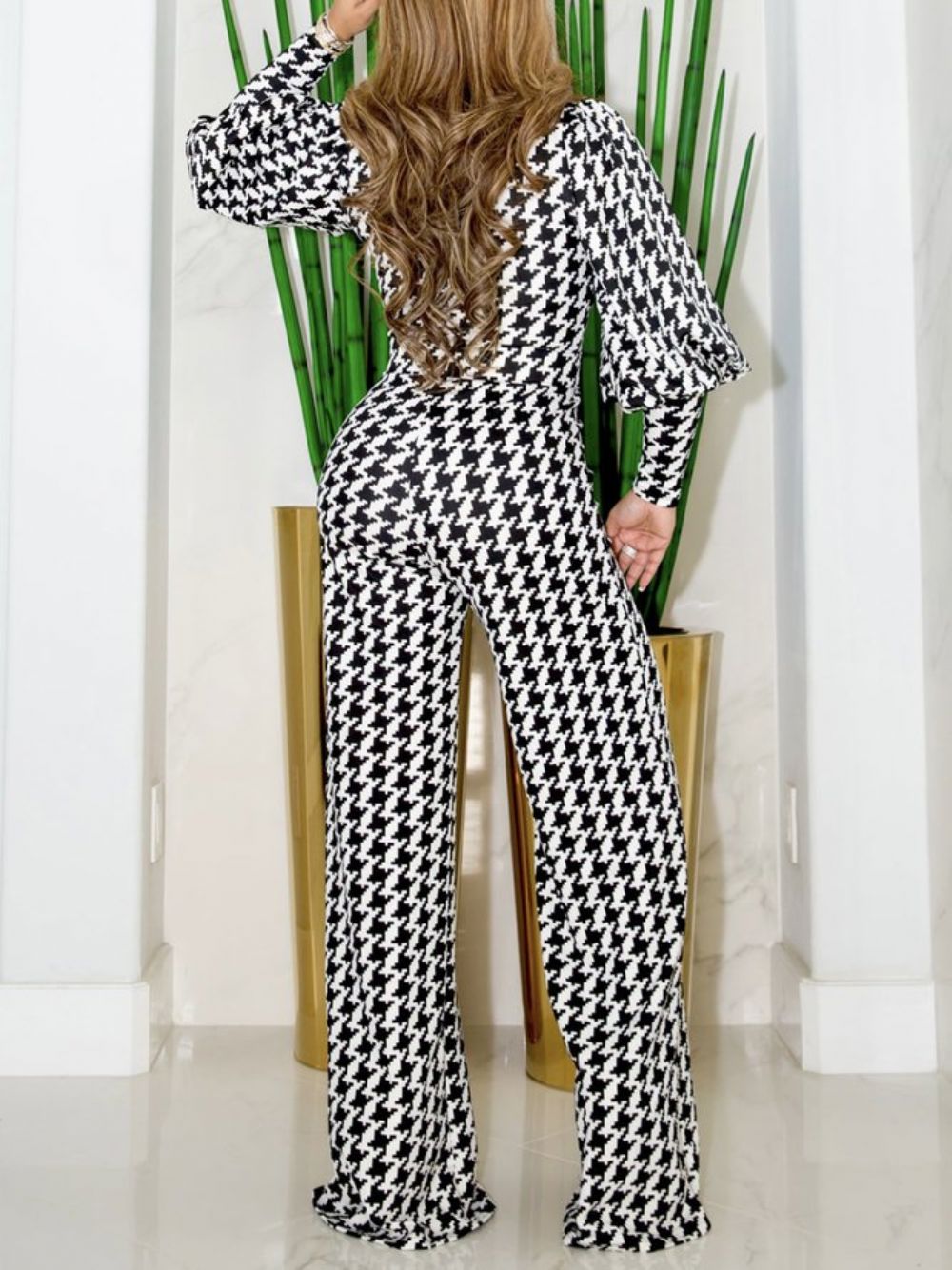 Urban Lantern Sleeve Houndstooth Jumpsuit Met Half Open Kraag